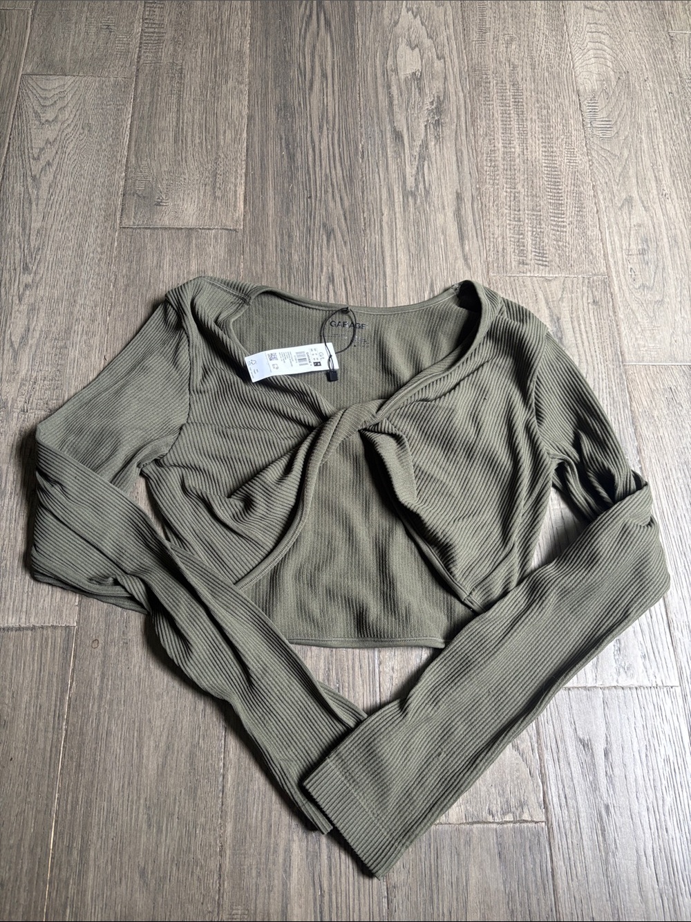 Garage | Sabrina Twisted Seamless Long Sleeve Tee Ribbed Cropped Green Large